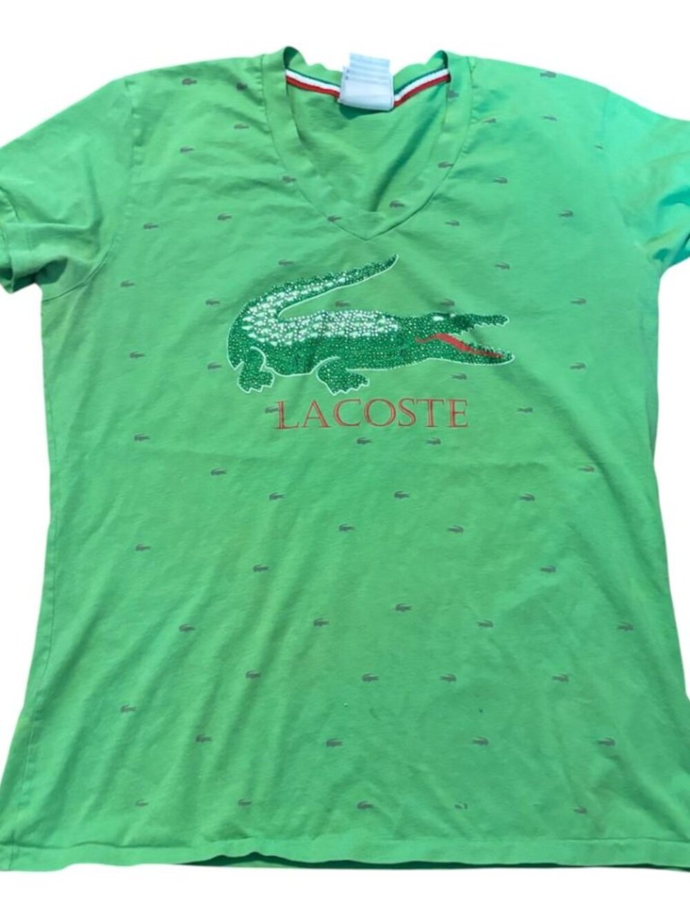 Lacoste Green V-neck Tee Rhinestone Alligator Crocodile Size 5 France Peru